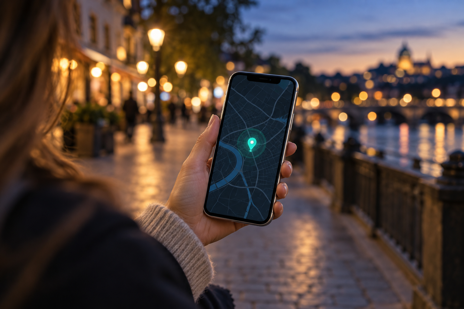 A person holding a phone displaying an illustrative location map