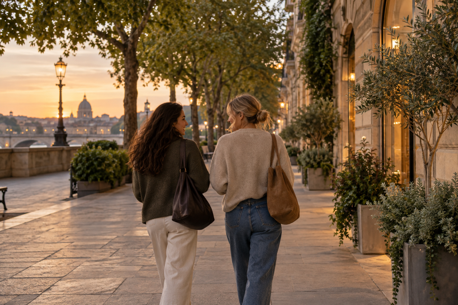 Two friends walking together along a tree-lined street